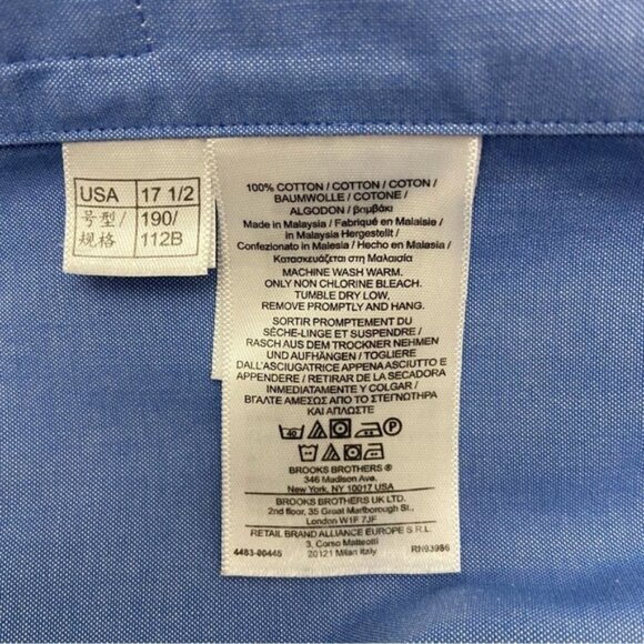 Brooks brothers 346 men button down shirt regular fit cotton non iron 17,5 blue - Picture 7 of 12